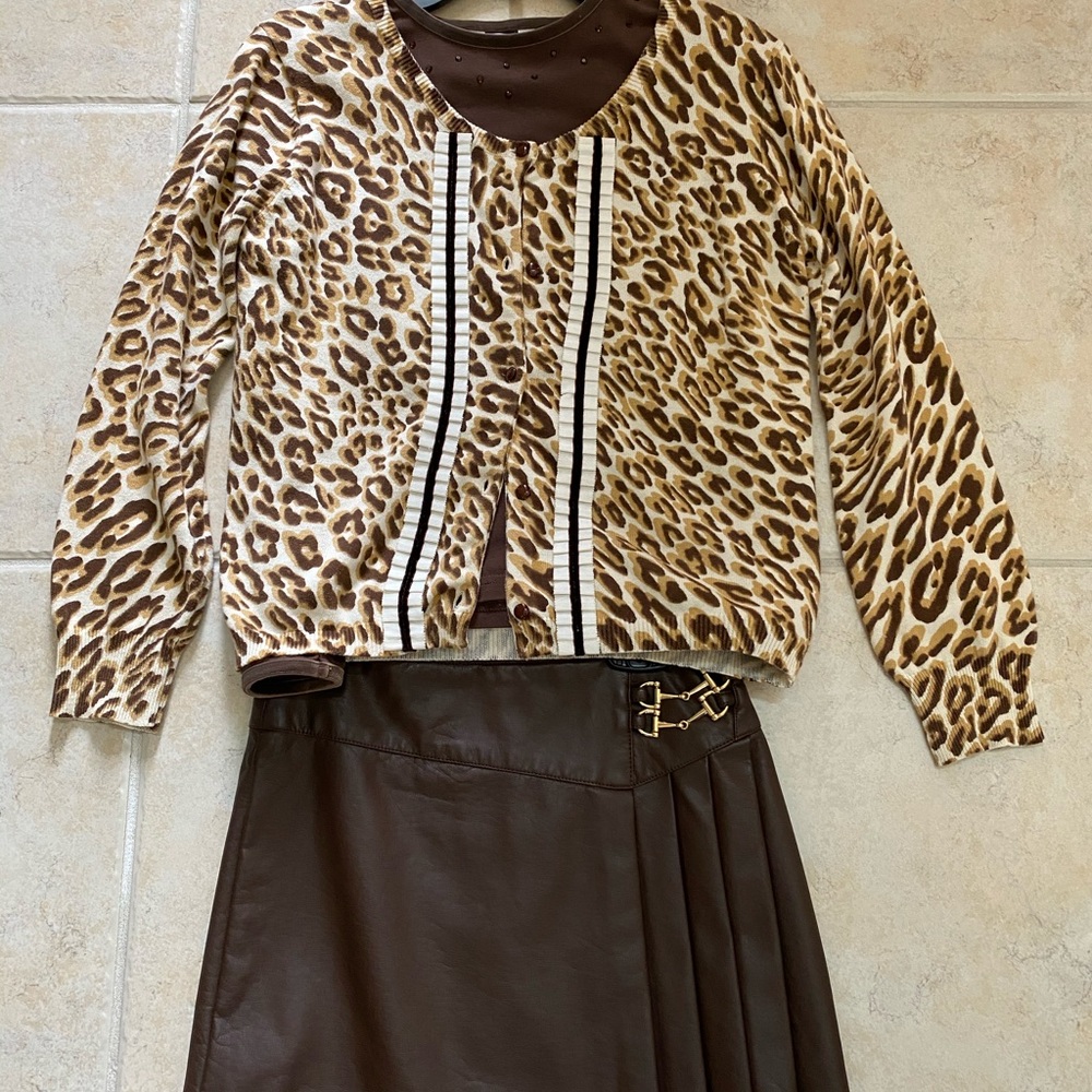 Girls faux brown leather skirt, shirt and sweater